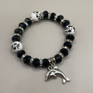 Vintage Black Beaded Dolphin Bangle Cuff Statement Bracelet